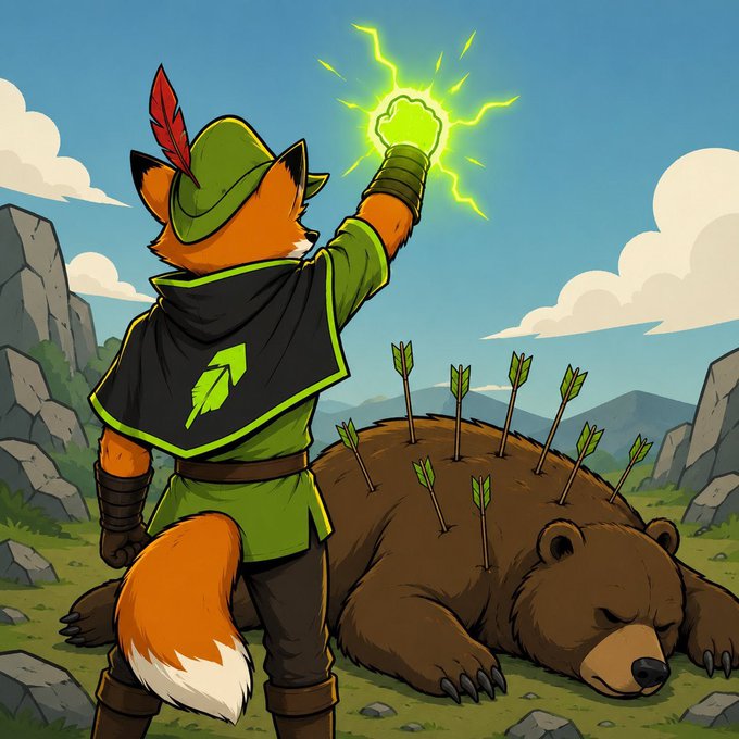 An illustration of a fox warrior in green attire holding a glowing green energy orb above a defeated brown bear with arrows stuck in its back.