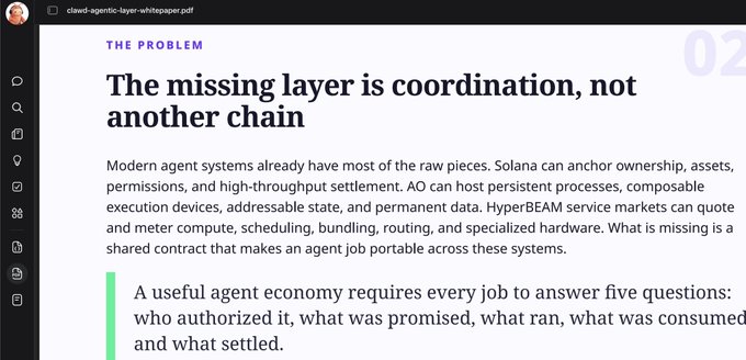 A document titled 'The missing layer is coordination, not another chain' from a cloud-agentic-layer-whitepaper.pdf discussing modern agent systems on Solana and AO.