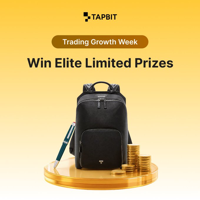 A promotional graphic for Tapbit's 'Trading Growth Week' with the headline 'Win Elite Limited Prizes,' displaying a black backpack, pen, and gold coins on a pedestal.