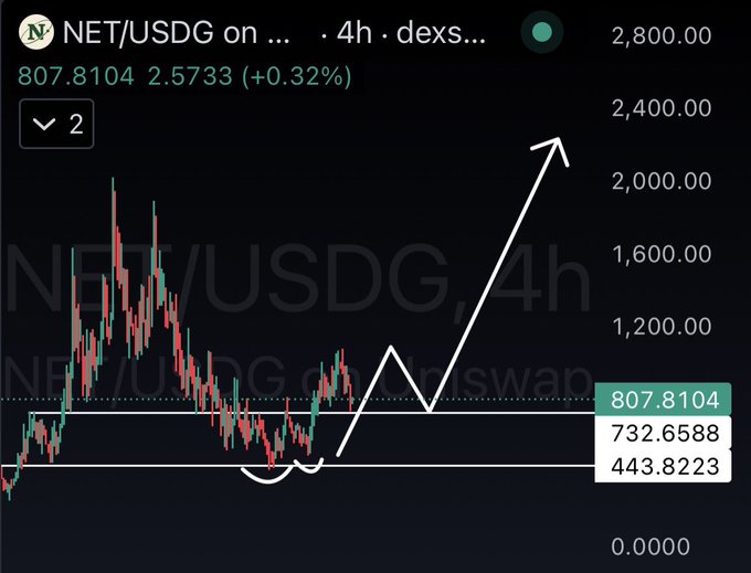 A TradingView chart of NET/USDG on a 4-hour timeframe shows the token trading at 807.8104 (up +0.32%), with the price consolidating between support levels of 732.6588 and 443.8223 following a significant downtrend, and an overlaid arrow projecting a potential breakout toward higher levels. This visualizes the poster's bullish conviction after buying $NET at around $750, anticipating a reversal and significant upside move.