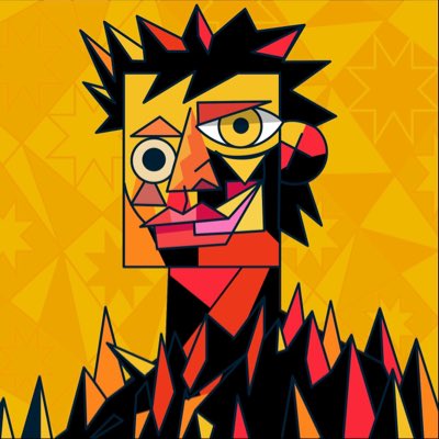 A stylized cubist portrait featuring a fragmented figure with wild, spiked hair rendered in geometric orange, black, and yellow tones against a vibrant orange star-patterned background. The abstract, jagged artwork visually echoes the post's "CubistSouls" branding and the urgent "Burn now… or get left behind" message, reinforcing the edgy, avant-garde aesthetic of the new profile picture.