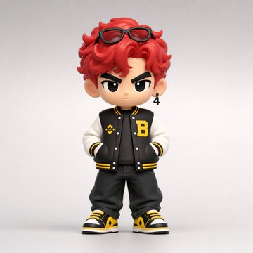 The image features a small figurine of a boy wearing a black and white jacket, yellow shoes, and glasses. The boy has red hair and appears to be posing for the camera with an intense expression. The figurine is standing against a plain gray background, making it the main focus of the image. There are no texts or other objects in the picture, and the boy's pose and attire suggest that he might be a character from a comic book series or a movie franchise.