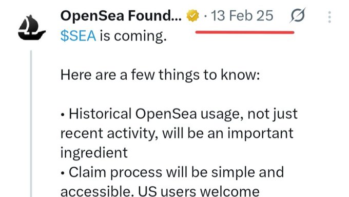 A screenshot of a verified tweet from "OpenSea Found..." dated 13 Feb 25 announces that "$SEA is coming," noting that historical OpenSea usage will factor in and that US users are welcome to claim. The tweet highlights anticipation for the token launch, though the accompanying caption sarcastically suggests it may be another ten years away.