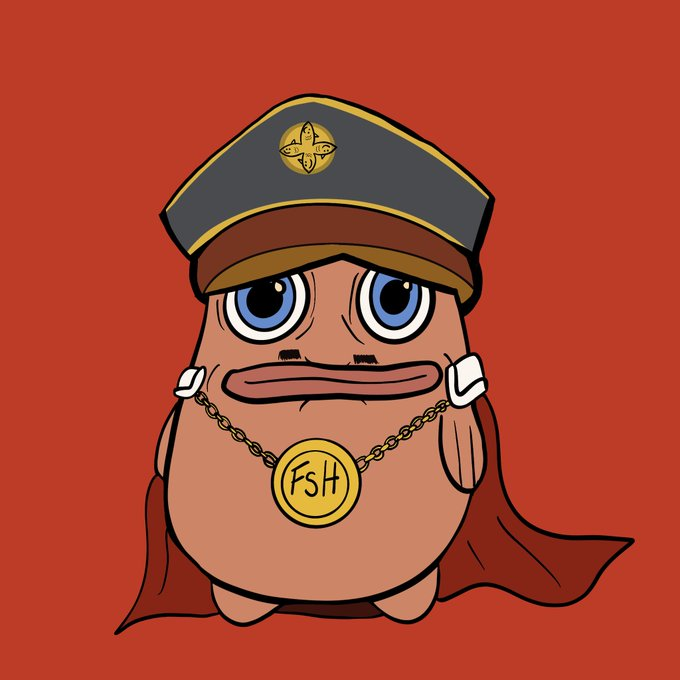 An illustration of a cartoonish pill-shaped character wearing a military-style cap and a gold 'FSH' medallion on a red background.