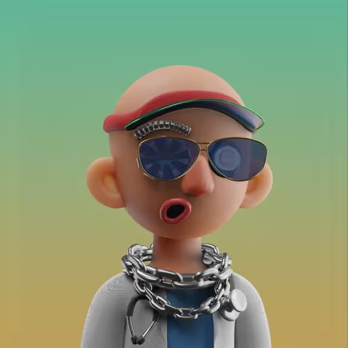 A 3D-rendered character with a bald head, wearing sunglasses, a red visor, and a stethoscope, sports a large silver chain necklace against a gradient background.