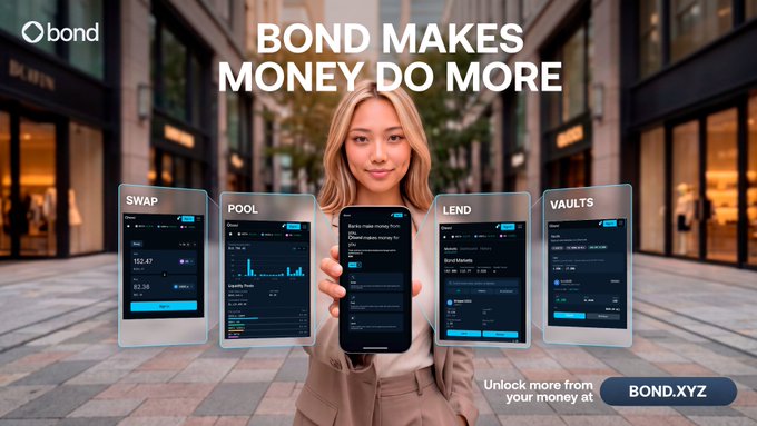 A confident woman stands on a city street holding a smartphone, surrounded by four holographic floating displays showcasing Bond's "SWAP," "POOL," "LEND," and "VAULTS" features, with the headline "BOND MAKES MONEY DO MORE" and the link "BOND.XYZ."

The image visually reinforces the post's message by depicting Bond as a versatile, user-friendly platform that extends DeFi financial tools (swapping, pooling, lending, and vaulting) into everyday, real-world contexts—mirroring the idea of bridging onchain money with practical, private financial use.