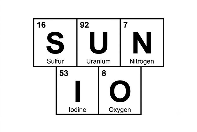 The image shows a black and white periodic table of elements with the word "Sun" written above it. The table displays the chemical symbols for sulfur, uranium, and nitrogen along with their atomic numbers and masses. The text below the table explains that when these elements are mixed together in a certain order, they can create a new substance called "iodine". This substance is stable and does not react easily with other elements. The post also mentions adding Iodine to keep it decentralized, which could be an interesting fact or a creative way of presenting the chemical reaction between sulfur, uranium, and nitrogen.