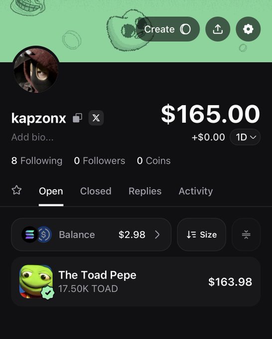 A cryptocurrency trading app profile for 'kapzonx' showing a $165.00 balance with holdings including 'The Toad Pepe' worth $163.98 and a $2.98 balance.