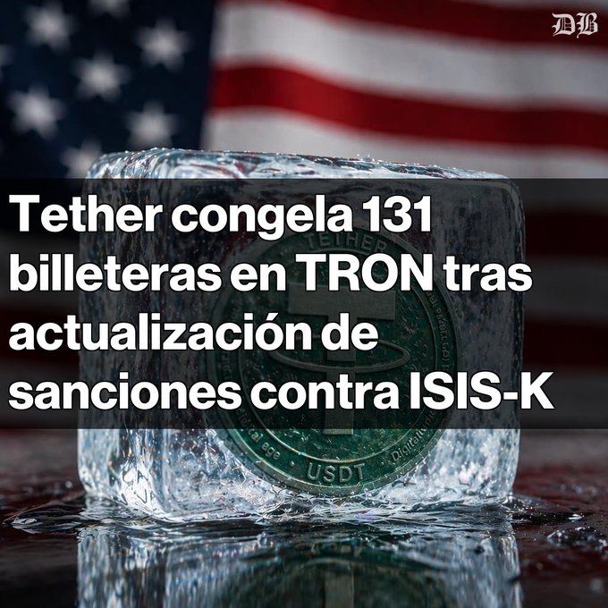 A news headline in Spanish reading 'Tether congela 131 billeteras en TRON tras actualización de sanciones contra ISIS-K', overlaid on an image of a frozen Tether (USDT) coin with the U.S. flag in the background.