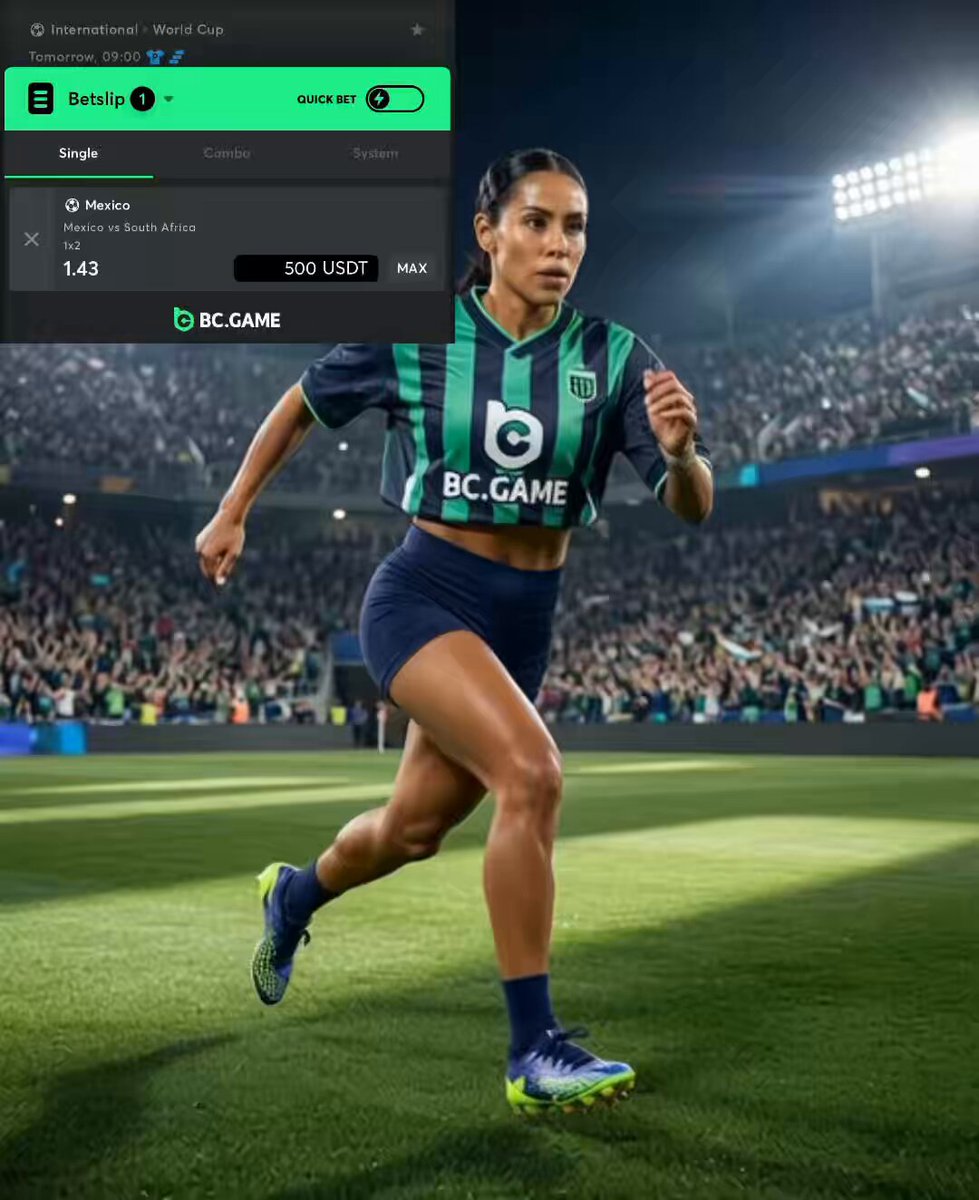 The image features a woman running on a soccer field, wearing a green and blue striped jersey with the word "BCGame" written across her chest. The background of the photo shows a stadium filled with spectators watching the game. There are also several people in the crowd who appear to be cheering for their team.