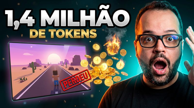 A YouTube thumbnail showing a surprised man with glasses alongside text reading '1,4 MILHÃO DE TOKENS' (1.4 million tokens) and 'PERDEU' (Lost), featuring a game screen and burning coins.