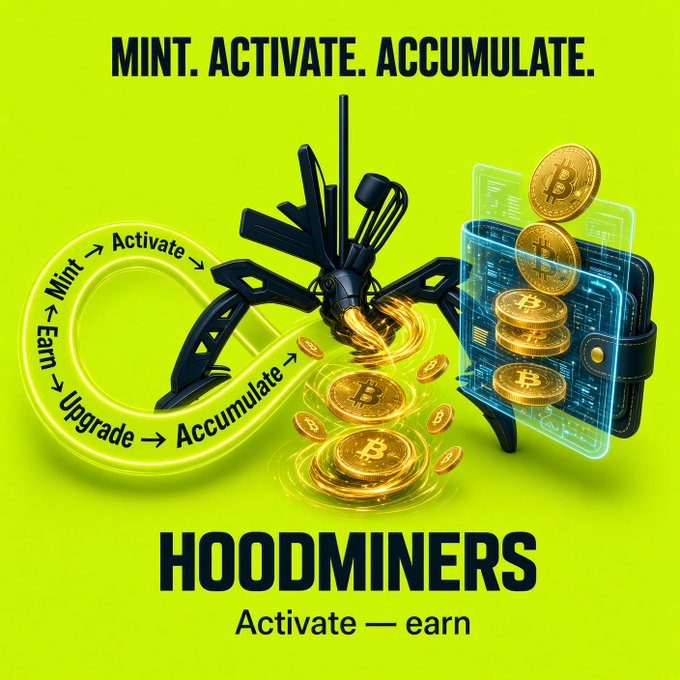 A bright yellow promotional graphic for 'HOODMINERS' with the tagline 'MINT. ACTIVATE. ACCUMULATE.' featuring a robotic spider dispensing Bitcoin coins into a digital wallet, with a circular flow diagram showing 'Mint → Activate → Earn → Upgrade → Accumulate'.