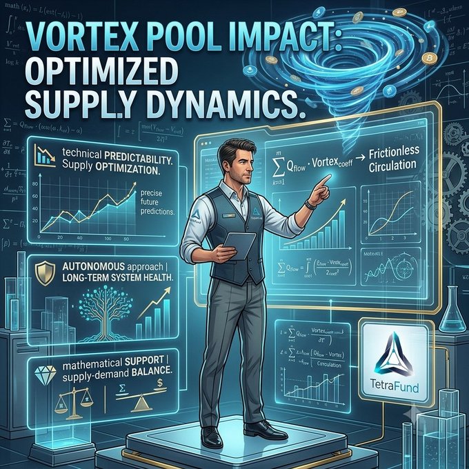A futuristic infographic titled 'VORTEX POOL IMPACT: OPTIMIZED SUPPLY DYNAMICS' depicts a man pointing at holographic data panels featuring charts, equations, and the logo for 'TetraFund'.