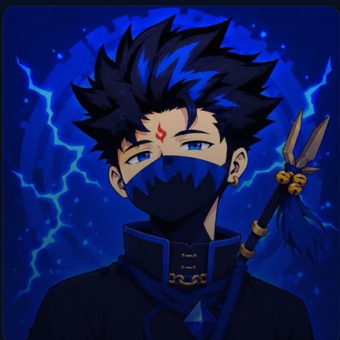 An anime-style illustration features a blue-haired, masked ninja-like character with a red flame symbol on his forehead, holding a spear adorned with bells against a background of blue lightning—serving as a promotional giveaway image for an Arcionsnft 23x GTD spot drop requiring EVM wallet submissions.
