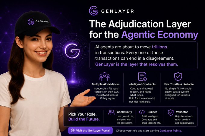 Marketing graphic for 'GENLAYER – The Adjudication Layer for the Agentic Economy,' featuring a woman in a GenLayer cap and listing roles like Community, Builder, and Validator.
