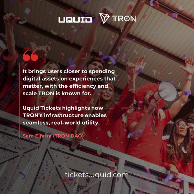 The image shows a group of people wearing red shirts standing behind a railing with confetti falling around them. The text in the image reads "It brings users closer to spending digital assets on experiences that matter, with the efficiency and effectiveness that @uquidcard and $TRON are now enabling". This suggests that the use of digital assets is becoming more accessible and user-friendly due to advancements in technology.