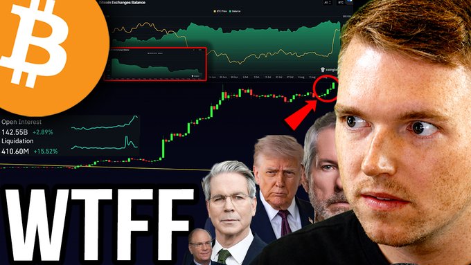 A YouTube thumbnail showing Bitcoin's exchange balance chart alongside images of Donald Trump, Jerome Powell, and a man wearing a "WTF" shirt, referencing the video's discussion of a potential "Black Tuesday" market liquidation event with open interest at 142,558 (+2.89%) and liquidations at 410.60M (+15.52%).