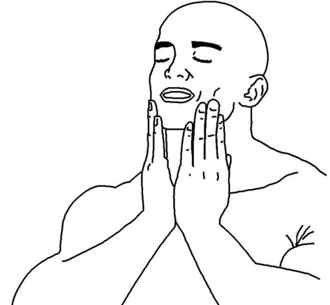 A black and white line drawing depicts a bald person with their eyes closed, pressing their hands against their face.