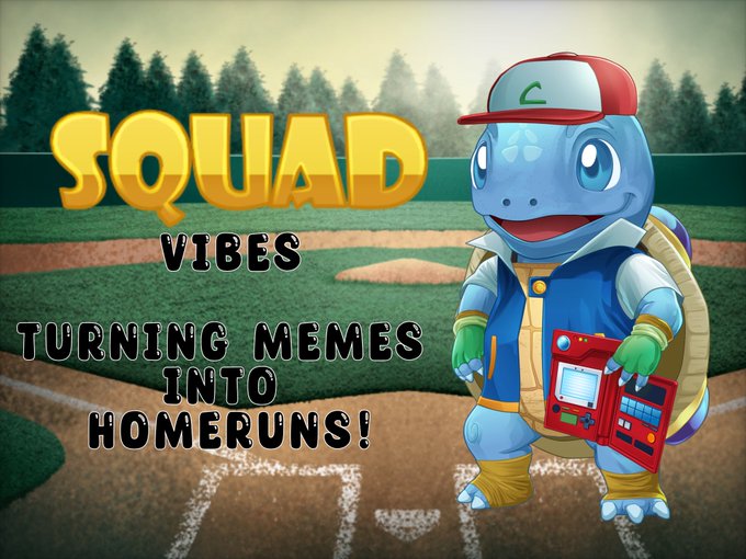 A turtle mascot character wearing a red cap and holding a gaming device stands on a baseball field, with text reading 'SQUAD VIBES - TURNING MEMES INTO HOMERUNS!'.
