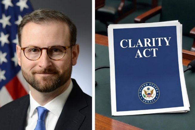 A bearded man with glasses stands in front of an American flag on the left, while the right side shows a blue document titled "CLARITY ACT" bearing the United States Senate seal, illustrating White House crypto advisor Patrick Witt's confidence that skeptics of the CLARITY Act will be proven wrong as the Senate prepares to take up the bill on September 15.