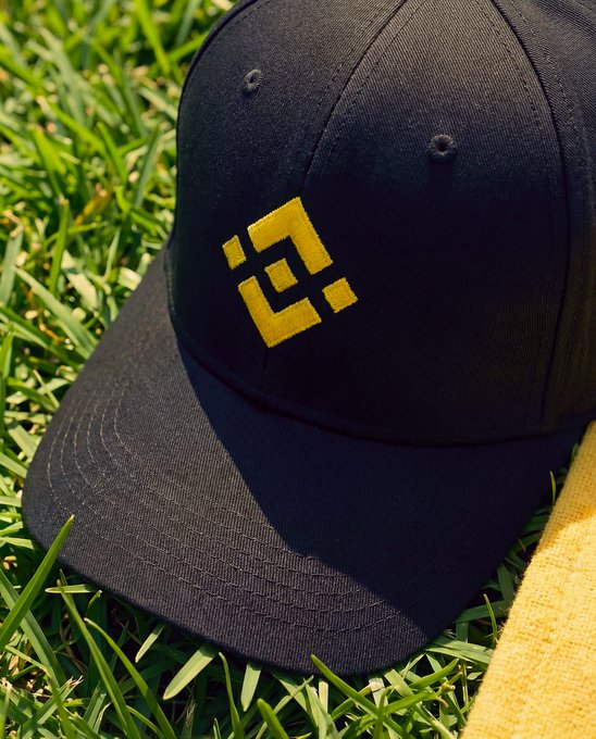 A black baseball cap with a gold Binance logo rests on green grass.
