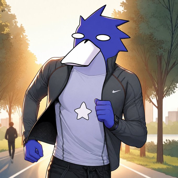 The image is a cartoon-style representation of a person in workout attire, which could imply an early morning exercise routine, aligning with the message of "good morning everyone happy wednesday." The key visual elements include the blue mask, the white star on the shirt, and the running attire, all of which suggest an energetic and active lifestyle that may resonate with the positive and motivational tone of the accompanying text.