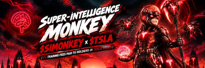 A red-toned promotional banner for 'Super-Intelligence Monkey' featuring $SIMONKEY x $TSLA, advertising 'Trading Fees Paid to Holders in Tesla Stock' alongside a monkey warrior figure.