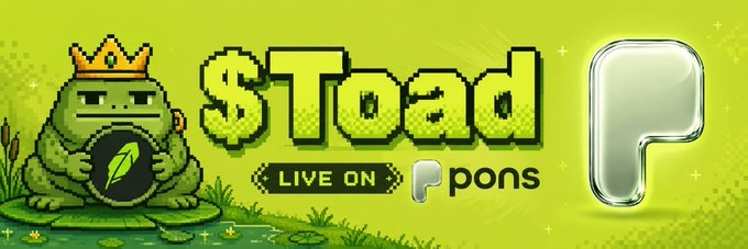 A meme coin advertisement for '$Toad' featuring a crowned green toad mascot and the text 'LIVE ON Ppons'.