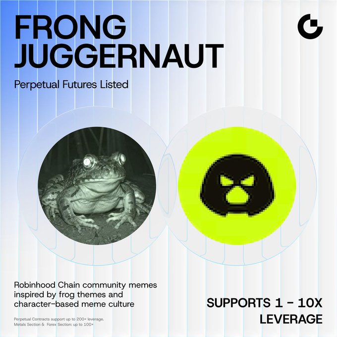 Gate Futures announces the listing of $FRONG and $JUGGERNAUT perpetual futures on its Robinhood Zone, offering USDT trading pairs with up to 10x leverage, bots, and copy trading, as illustrated by the frog meme imagery and pixel character logo featured in the promotional graphic.
