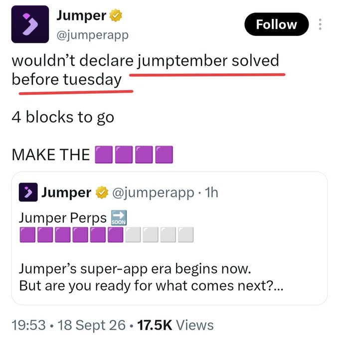 A screenshot of a post from @jumperapp stating "wouldn't declare jumptember solved before tuesday" with "4 blocks to go" and a teaser showing "Jumper Perps SOON" alongside purple and gray emoji blocks, suggesting additional announcements are coming during Jumptember beyond the Perps reveal teased 1 hour earlier.