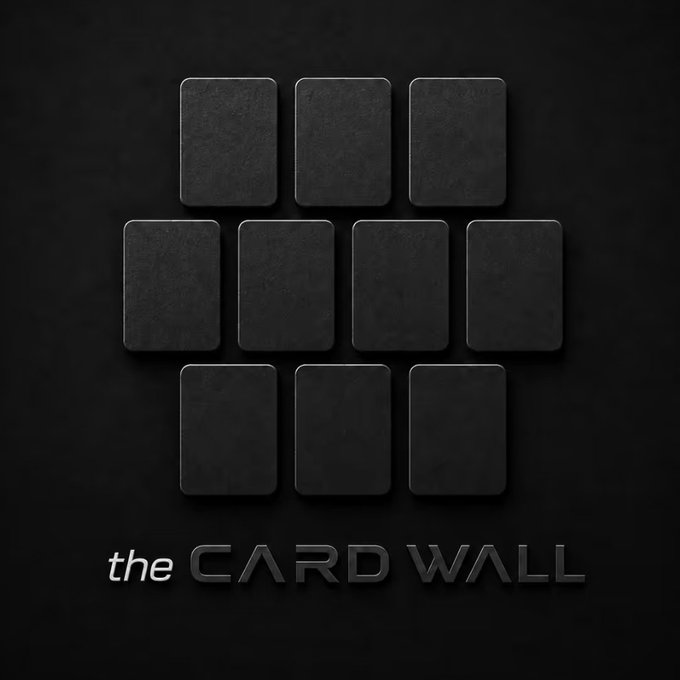 Ten blank dark gray cards are arranged in a 3-4-3 grid pattern on a black background, with the text "the CARD WALL" displayed in a metallic silver font at the bottom. The image relates to the post by visually representing the "Card Wall" NFT project mentioned, showcasing its minimalist card design aesthetic.