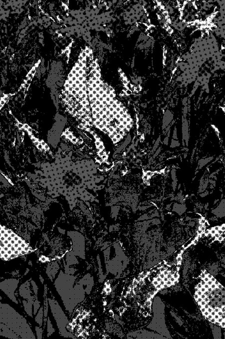 A black, white, and gray abstract halftone-style image with crumpled metallic or foil-like textures and dot patterns.