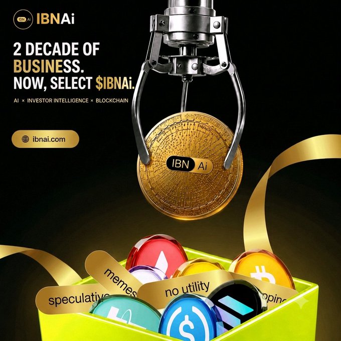 A promotional advertisement for IBNAi cryptocurrency featuring a robotic claw lifting a gold $IBNAi coin above a basket containing other crypto coins labeled 'memes,' 'speculative,' and 'no utility,' with the tagline '2 DECADE OF BUSINESS. NOW, SELECT $IBNAi.'