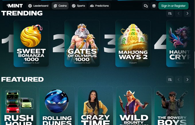 A Mint Casino website interface displays 'TRENDING' and 'FEATURED' games including Sweet Bonanza 1000, Gates of Olympus 1000, Mahjong Ways 2, Haunted Crypt, Rush Hour, Rolling Dunes, Crazy Time, Wild Bounty Showdown, and The Bowery Boys.