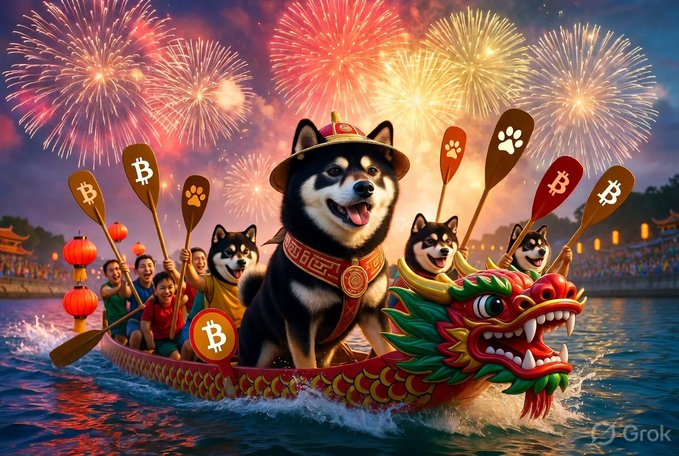 A festive illustration of Shiba Inu dogs in traditional attire paddling a dragon boat decorated with Bitcoin symbols, with fireworks and red lanterns in the background, watermarked 'Grok'.