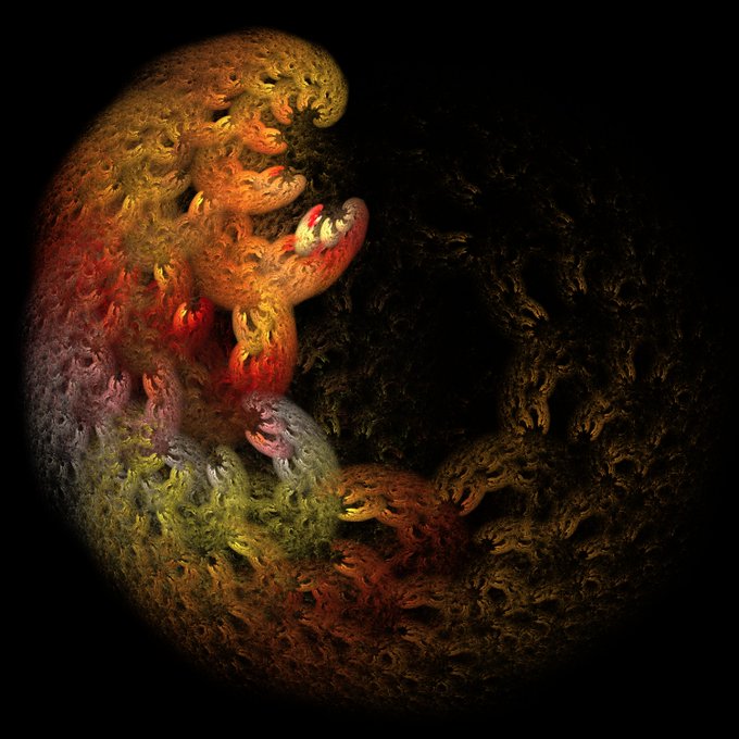An abstract, textured fractal image resembling a curled, fleshy form with intricate patterns in red, yellow, green, and dark tones against a black background.
