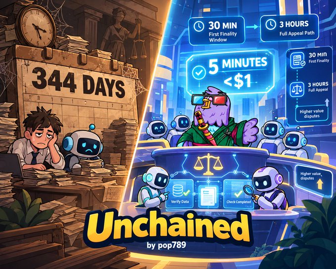 An illustration titled 'Unchained by pop789' contrasting a stressed man with '344 DAYS' against an AI system with '30 MIN First Finality Window', '3 HOURS Full Appeal Path', and '5 MINUTES < $1'.