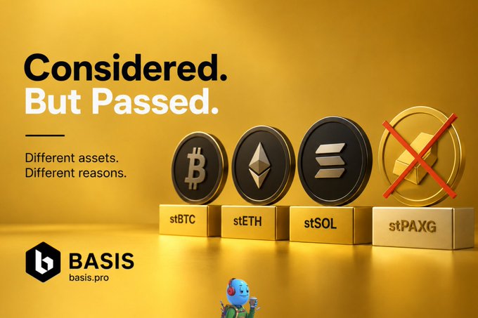 An advertisement for BASIS (basis.pro) titled 'Considered. But Passed.' displays four crypto tokens labeled stBTC, stETH, stSOL, and stPAXG, with the stPAXG coin crossed out with a red X.