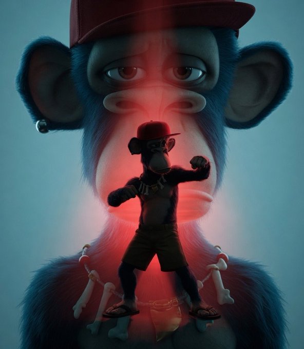 A stylized digital artwork featuring a small monkey character wearing a red cap, gold chain, and shorts, with red lighting and bones against a large monkey face background.
