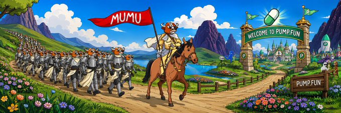 A cartoon character named Mumu, a brown horse, is shown riding through a lush green landscape with other people walking behind him. The image features text that reads "Mumu was born on 4chan /biz/ back in 2008. No VC money. 93,000+ unique holders. At its peak, $MUMU ran to $800M+ and became the spirit of the bull market itself. Then the". It seems like this cartoon character is related to an early edition of the Mturk community project that happened to include Mumu as a key player within the project's framework due to his interesting backstory. The image serves as both entertainment and information, with the main focus on the character Mumu and not just the post it appears in.
