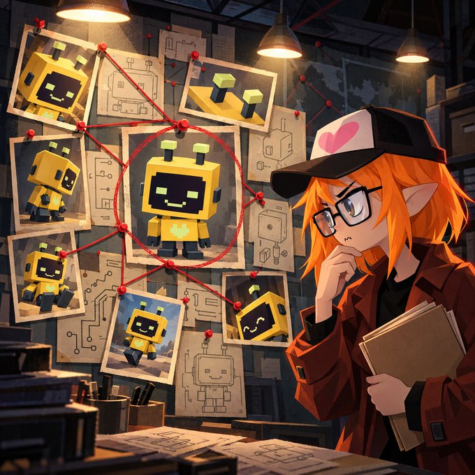 An anime-style illustration shows an orange-haired character with glasses and a heart-cap analyzing a conspiracy board covered in photos of yellow blocky robot figures connected by red strings.