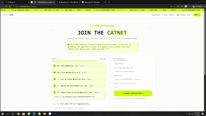 A web browser screenshot of a "JOIN THE CATNET" prize application page at rwa.catsdots.app, showing a checklist of completed tasks (posting on X) and a submission form.