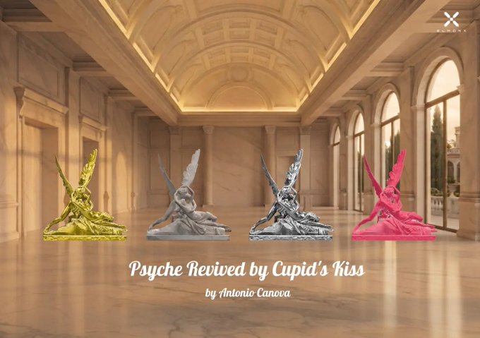 Four colorful neon versions of Antonio Canova's 'Psyche Revived by Cupid's Kiss' sculpture displayed in a grand classical hall.