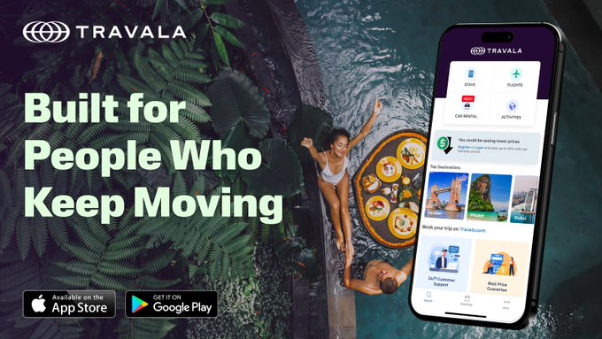 The image features an advertisement for Travala's travel app that promotes a new feature called "Built for People Who Keep Moving". The main focus of the image is a cell phone displaying the app, with a woman sitting on a raft floating above water in the background and text overlaying the scene. The text encourages users to download the app and highlights its unique selling point: helping people who travel frequently by providing information about flights, hotels, car rentals, and more.