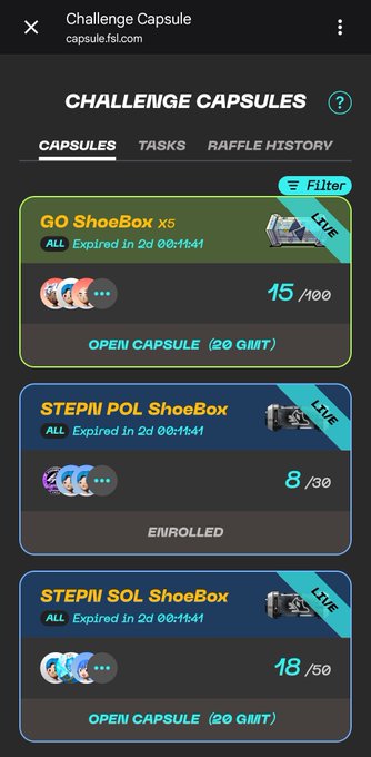 STEPN Challenge Capsules screen showing live capsules: GO ShoeBox x5 (15/100), STEPN POL ShoeBox (8/30 enrolled), and STEPN SOL ShoeBox (18/50).
