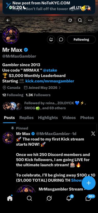 Twitter/X profile for Mr Max (@MrMaxGambler), a gambler since 2013 promoting the stake code 'MRMAX' and a Kick streaming page, with a pinned post announcing his first Kick stream and $1,000 giveaway.