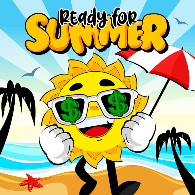 A cartoon sun character wearing sunglasses with green dollar signs in the lenses holds a red and white beach umbrella under the text "Ready for Summer," set against a tropical beach scene. The image ties to the post by visually promoting $SUMMER with a playful, money-themed mascot that emphasizes the token's profit potential.