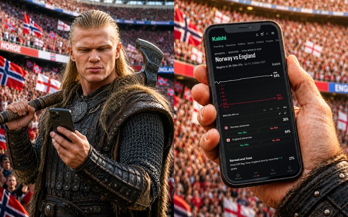 A Viking warrior holds an axe in a packed stadium with Norwegian and English flags, while another hand holds a phone displaying Kalshi prediction market odds for the Norway vs England match (Jul 11, 5:00pm EDT), tying together the meme request with betting odds ahead of the Euro semifinal showdown.