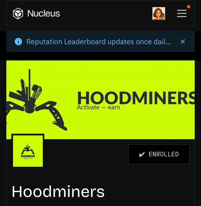 A mobile app screenshot for 'Nucleus' showing a 'HOODMINERS' program with 'Activate — earn' branding on a green background, marked as 'ENROLLED'.