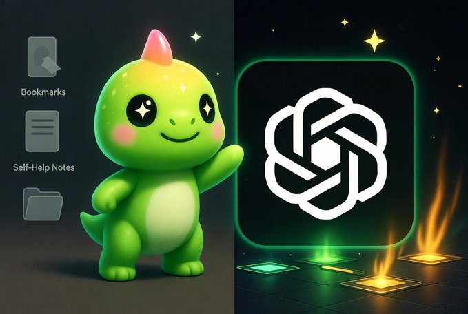 A cute green dinosaur-like mascot with a party hat stands next to a glowing ChatGPT logo, while a sidebar displays "Bookmarks" and "Self-Help Notes" folders—visually illustrating the poster's complaint about an overflowing collection of saved self-help tips, contrasted with the Sleepagotchi gamified habit-tracking approach.